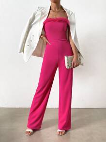 Chiquease Fuzzy Trim Tube Jumpsuit Without Blazer - Hot Pink - View 3
