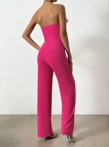 Chiquease Fuzzy Trim Tube Jumpsuit Without Blazer - Hot Pink - View 4