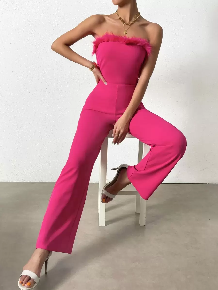 Chiquease Fuzzy Trim Tube Jumpsuit Without Blazer - Hot Pink - View 1
