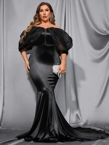 Plus Off Shoulder Mesh Insert Lantern Sleeve Mermaid Hem Prom Dress - Black - View 1