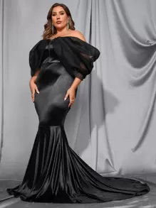 Plus Off Shoulder Mesh Insert Lantern Sleeve Mermaid Hem Prom Dress - Black - View 4