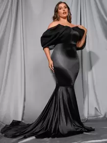 Plus Off Shoulder Mesh Insert Lantern Sleeve Mermaid Hem Prom Dress - Black - View 5