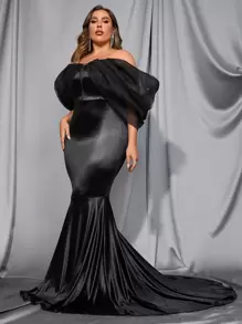 Plus Off Shoulder Mesh Insert Lantern Sleeve Mermaid Hem Prom Dress - Black - View 6