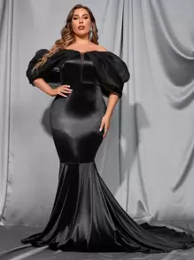 Plus Off Shoulder Mesh Insert Lantern Sleeve Mermaid Hem Prom Dress - Black - View 7