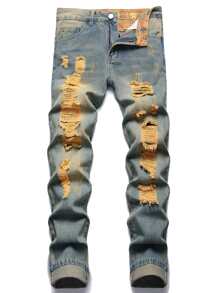 Men Ripped Frayed Bleach Wash Jeans - Medium Wash - View 1