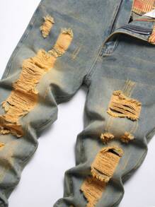 Men Ripped Frayed Bleach Wash Jeans - Medium Wash - View 6