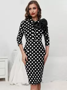 Bow Front Polka Dot Dress - Black and White - View 1