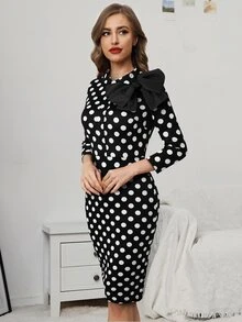 Bow Front Polka Dot Dress - Black and White - View 3