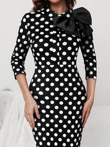 Bow Front Polka Dot Dress - Black and White - View 4