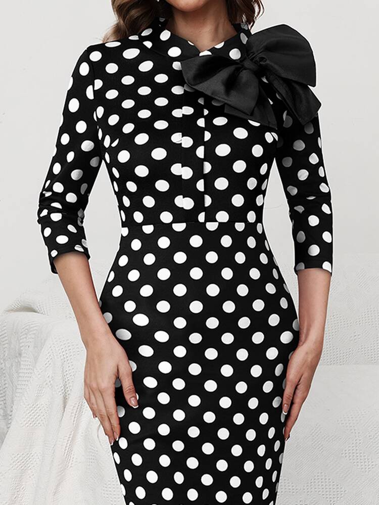 Bow Front Polka Dot Dress - Black and White - View 4