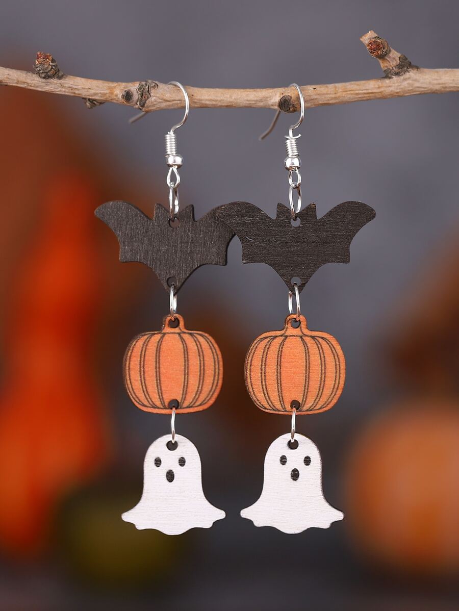 Halloween Pumpkin & Bat Drop Earrings - Multicolor - View 1