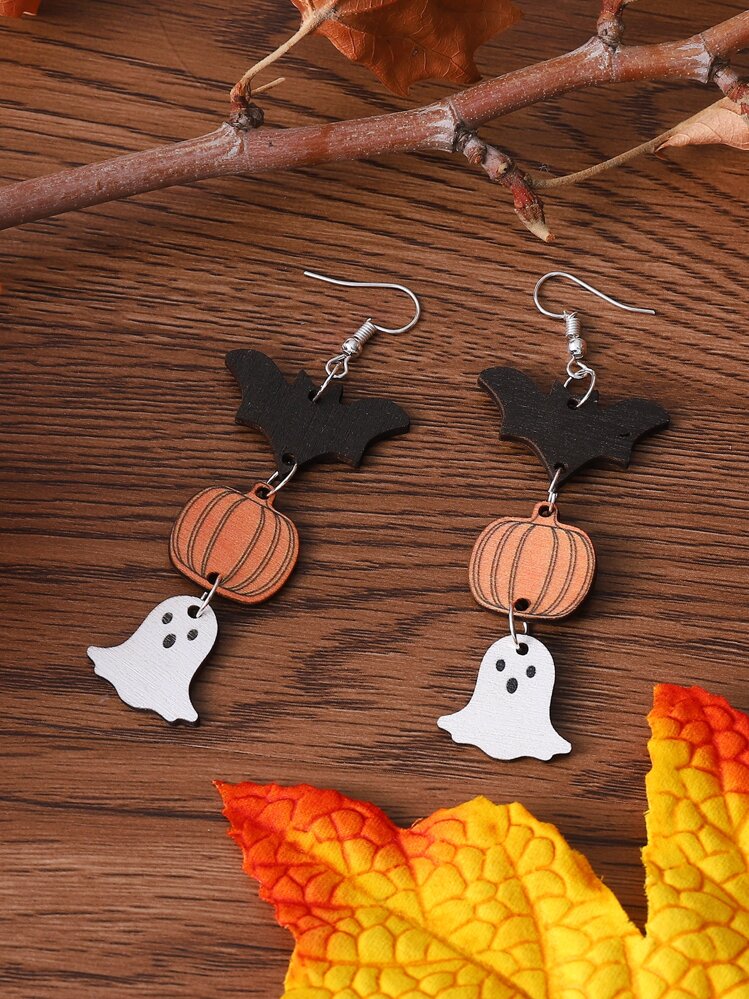 Pendientes largos Halloween calabaza & murciélago - Multicolor - Añade 2