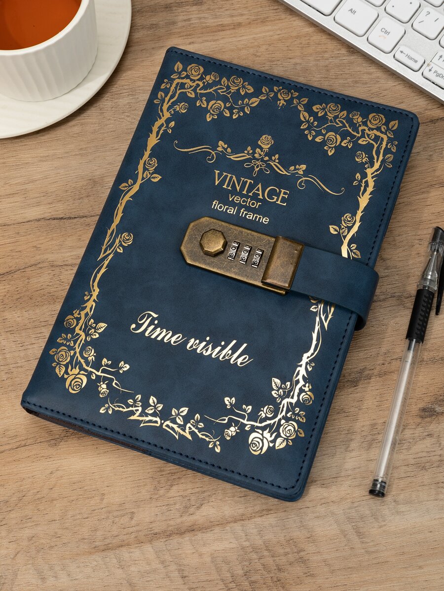 1 pieza Cuaderno con candado con estampa de marco de flores, artículos escolares, de vuelta a la escuela