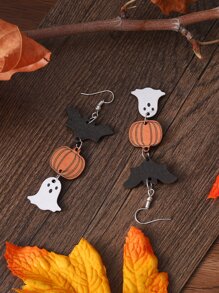Halloween Pumpkin & Bat Drop Earrings - Multicolor - View 4