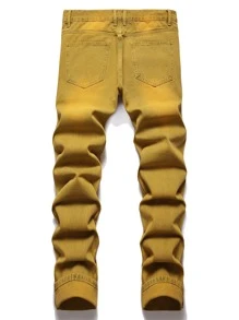 男士心形与字母拼布破洞磨边碎布缝线破洞磨边牛仔裤 - 芥末黃 - 查看 2