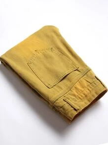 男士心形与字母拼布破洞磨边碎布缝线破洞磨边牛仔裤 - 芥末黃 - 查看 3