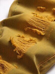 男士心形与字母拼布破洞磨边碎布缝线破洞磨边牛仔裤 - 芥末黃 - 查看 8