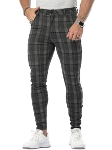 男士格紋斜口袋長褲 - 深灰色 - 查看 1