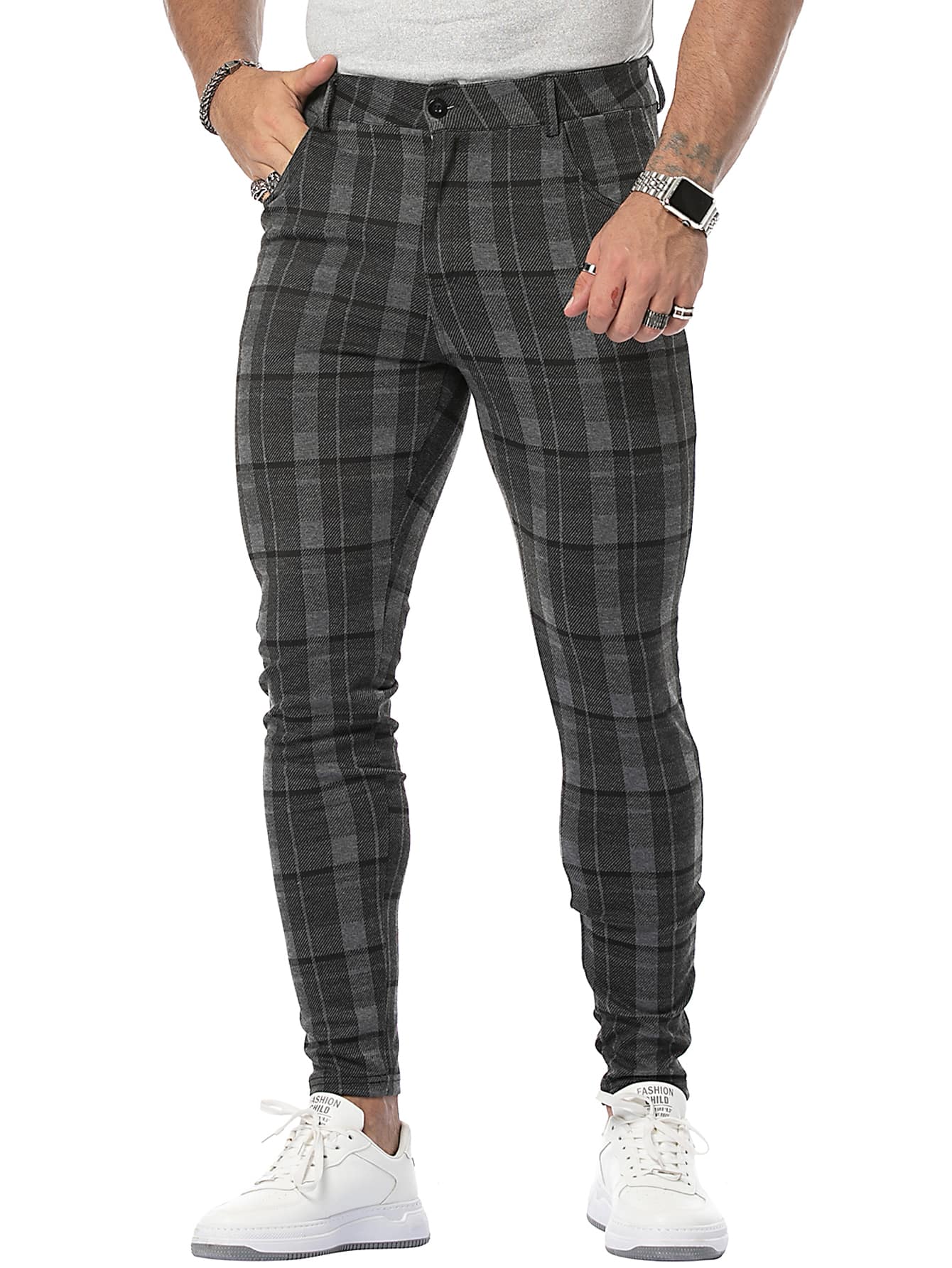 男士格紋斜口袋長褲 - 深灰色 - 查看 1