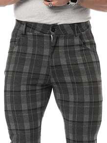 男士格紋斜口袋長褲 - 深灰色 - 查看 3