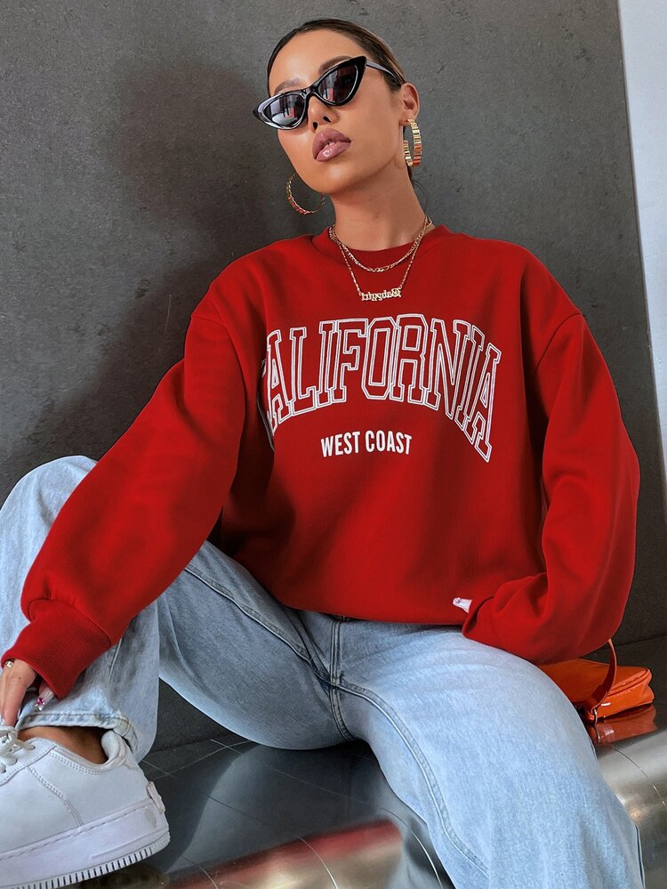 SHEIN Unity 字母圖案落肩袖運動衫 - 紅色 - 查看 3