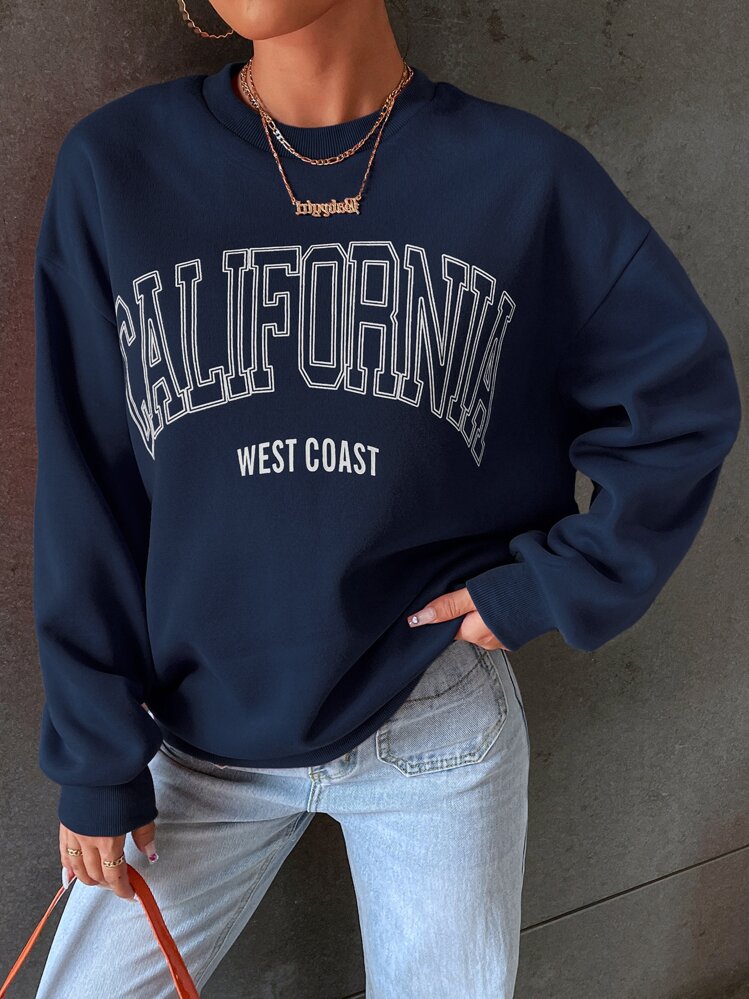 SHEIN Unity Letter Graphic Drop Shoulder Sweatshirt,Long Sleeve Tops Graduation,Back To School Outfits,Graduation,Teacher Outfits For Women,Back To School Pullover Fall Outfit - Navy Blue - View 5