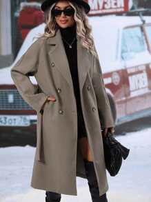 Chiquease Lapel Neck Double Breasted Belted Overcoat Fall Winter Cloth For Women - Khaki - View 4