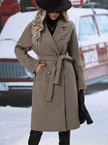 Chiquease Lapel Neck Double Breasted Belted Overcoat Fall Winter Cloth For Women - Khaki - View 6