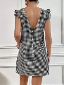 SHEIN VCAY 雙色格子假鈕扣罩袖直筒連衣裙 - 黑與白 - 查看 1