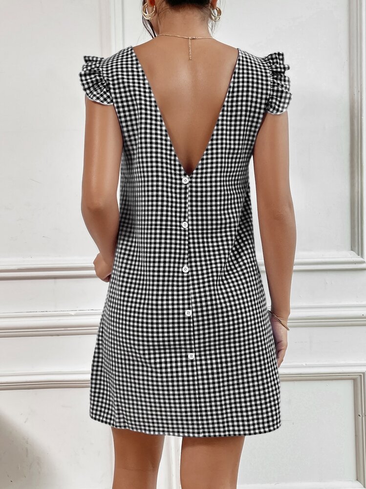 SHEIN VCAY 雙色格子假鈕扣罩袖直筒連衣裙 - 黑與白 - 查看 1