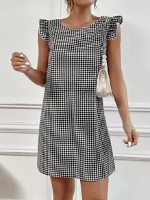 SHEIN VCAY 雙色格子假鈕扣罩袖直筒連衣裙 - 黑與白 - 查看 2