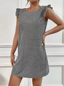 SHEIN VCAY 雙色格子假鈕扣罩袖直筒連衣裙 - 黑與白 - 查看 4