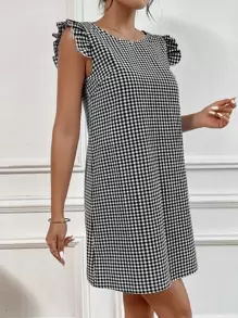 SHEIN VCAY 雙色格子假鈕扣罩袖直筒連衣裙 - 黑與白 - 查看 5