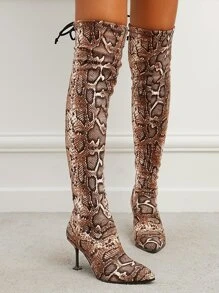 Faux Suede Snakeskin Pattern Sculptural Heeled Sock Boots - Multicolor - View 1