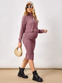 SHEIN Maternity High Neck Drop Shoulder Tee & Skirt Set - Mauve Purple - View 1