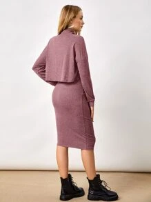 SHEIN Maternity High Neck Drop Shoulder Tee & Skirt Set - Mauve Purple - View 2
