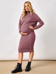 SHEIN Maternity High Neck Drop Shoulder Tee & Skirt Set - Mauve Purple - View 5