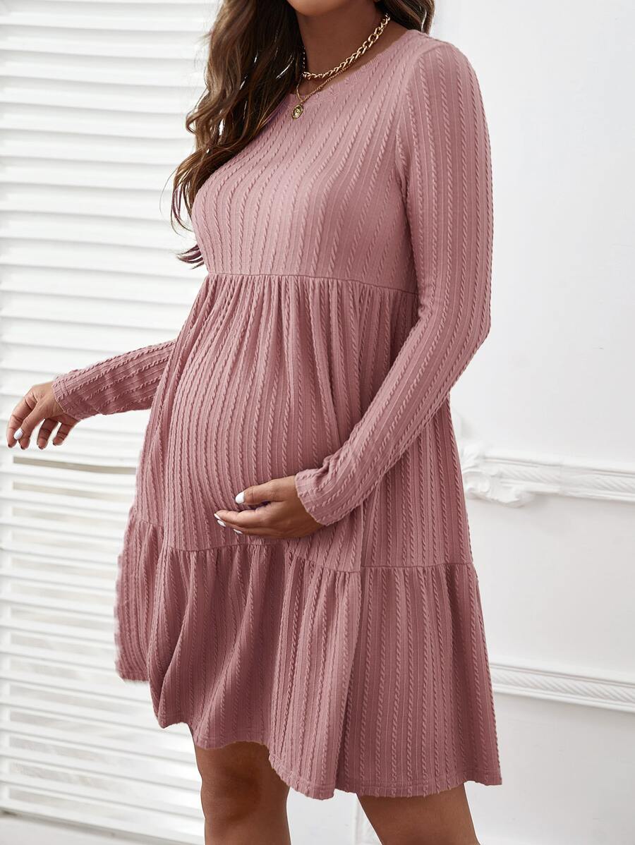 SHEIN Maternity Cable Textured Ruffle Hem Smock Dress - Dusty Pink - View 1