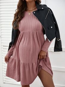 SHEIN Maternity Cable Textured Ruffle Hem Smock Dress - Dusty Pink - View 3