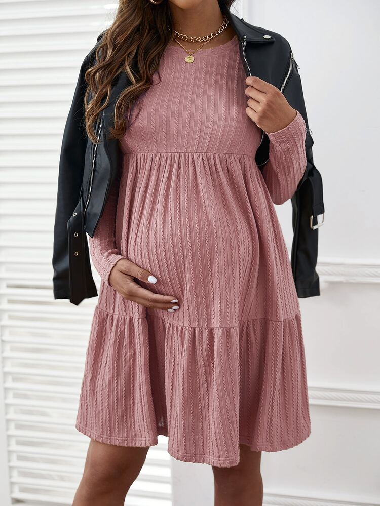 SHEIN Maternity Cable Textured Ruffle Hem Smock Dress - Dusty Pink - View 4
