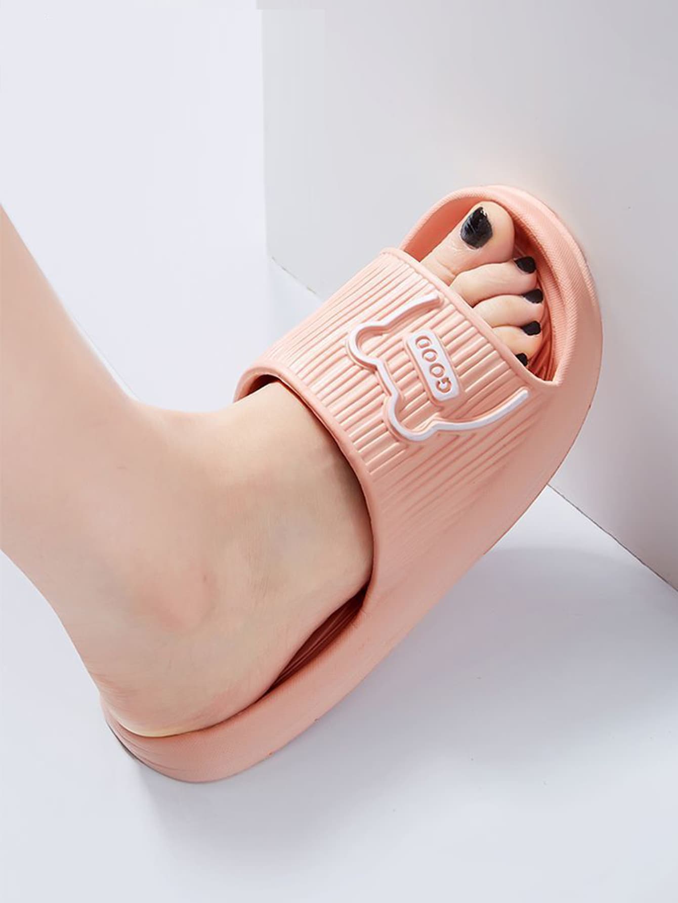 女士卡通字母图案纯色拖鞋，沙滩装，女士拖鞋 - 淺粉色 - 查看 3