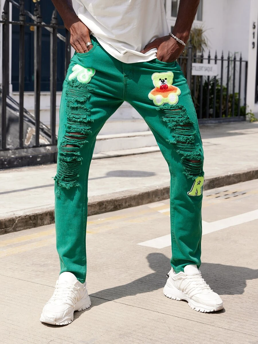 Men Floral Print Ripped Jeans - Green - View 1