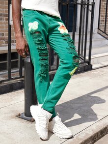 Men Floral Print Ripped Jeans - Green - View 3