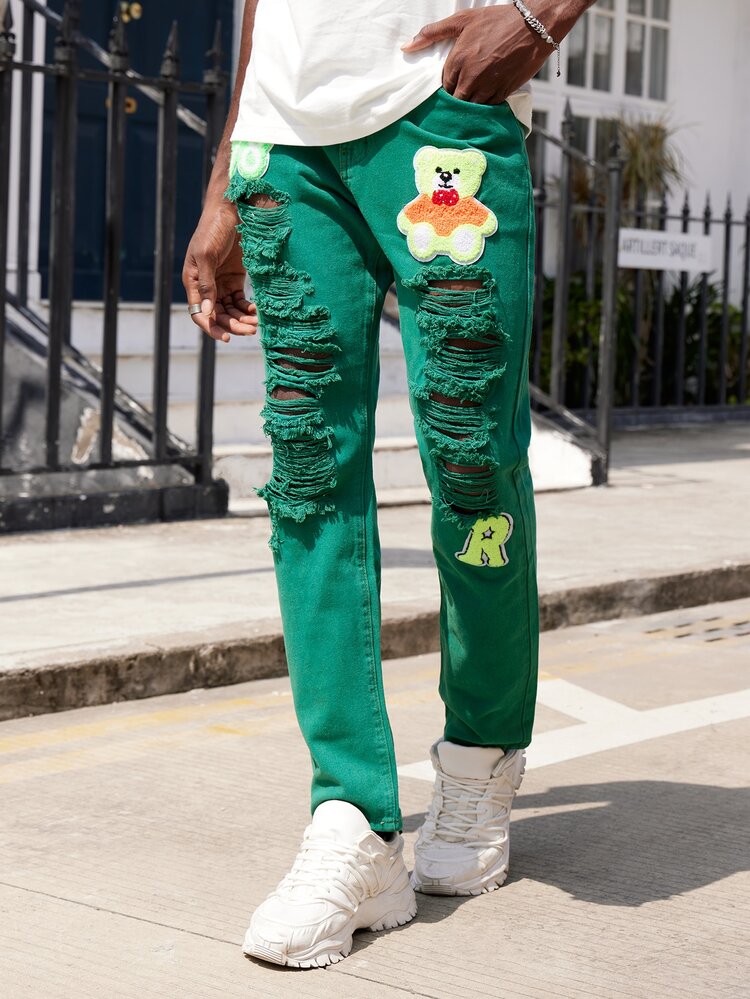 Hombres Jeans desgarro con estampado floral - Verde - Añade 4