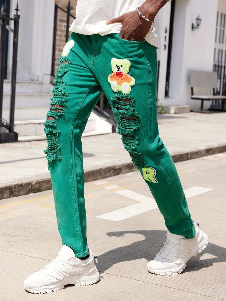 Hombres Jeans desgarro con estampado floral - Verde - Añade 5