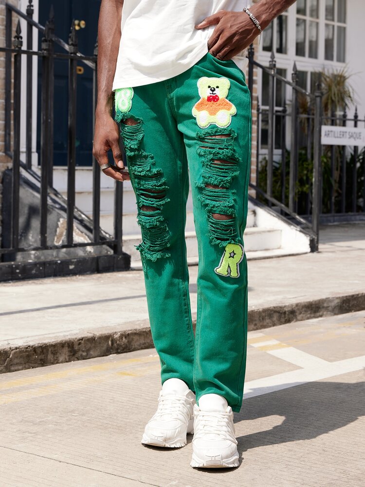 Hombres Jeans desgarro con estampado floral - Verde - Añade 6