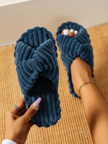 女時尚素色臥室拖鞋交叉蓬鬆臥室拖鞋，青色 - 水鴨藍 - 查看 2