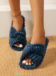 女時尚素色臥室拖鞋交叉蓬鬆臥室拖鞋，青色 - 水鴨藍 - 查看 3