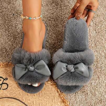Bow Decor Fluffy Bedroom Slippers