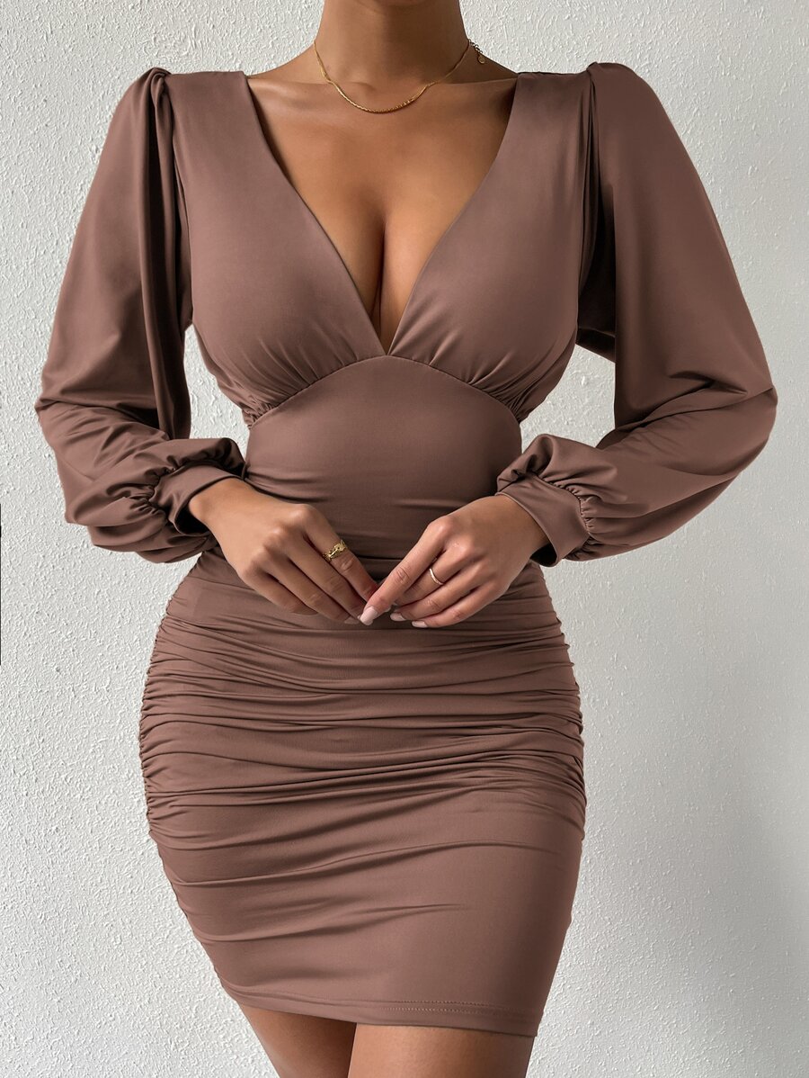 Almamuse Đầm Xù màu trơn Gợi cảm - Cà phê nâu - Xem 1